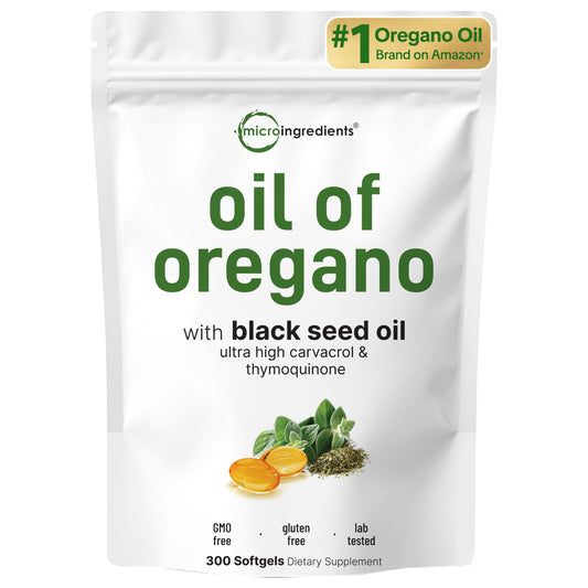 Micro Ingredients Oil of Oregano Softgels, 300 Count | 2 in 1 Formulated with Black Seed Oil | 4X Strength Carvacrol & Thymoquinone | Plant Based, Non-GMO