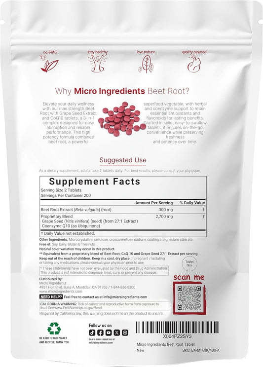 Beet Root 3,000mg with Grape Seed Extract & CoQ10, 400 Tablets | 200 Servings | Super Beets Supplements from Fresh Beetroot Extract for Nitric Oxide, Blood Pressure & Heart Health Support