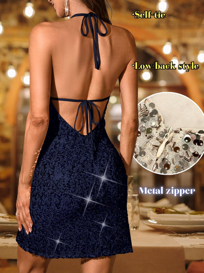 Sequin Mini Dress,Halter Backless Sexy Dresses for Women,Sparkly Outfits Cocktail Birthday Party Nye