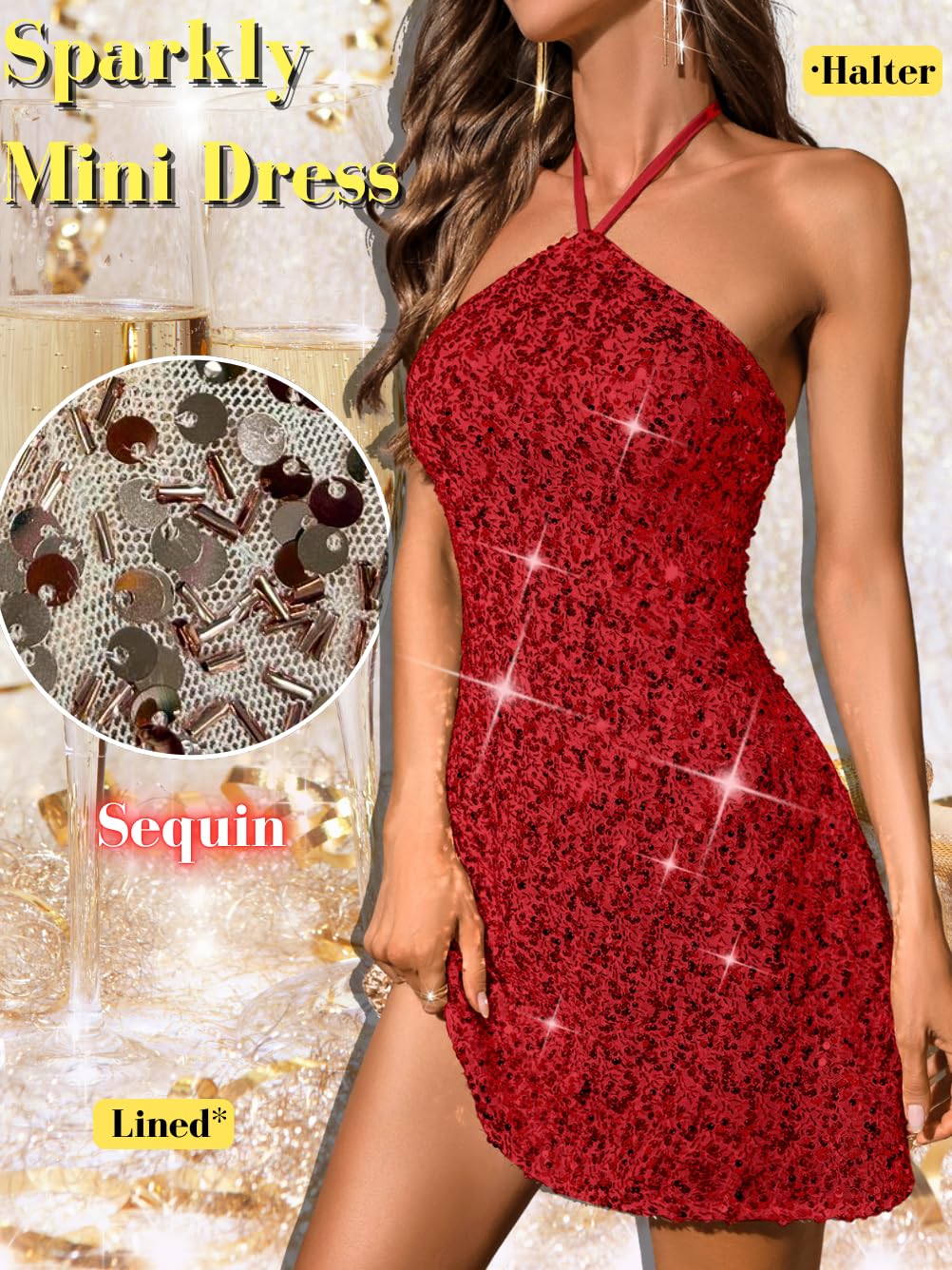 Sequin Mini Dress,Halter Backless Sexy Dresses for Women,Sparkly Outfits Cocktail Birthday Party Nye