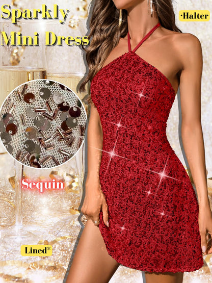 Sequin Mini Dress,Halter Backless Sexy Dresses for Women,Sparkly Outfits Cocktail Birthday Party Nye
