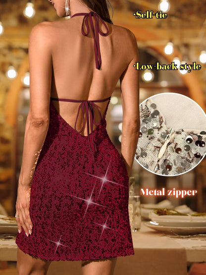 Sequin Mini Dress,Halter Backless Sexy Dresses for Women,Sparkly Outfits Cocktail Birthday Party Nye