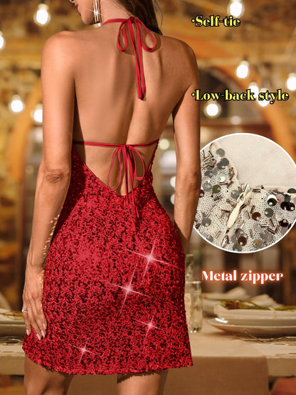 Sequin Mini Dress,Halter Backless Sexy Dresses for Women,Sparkly Outfits Cocktail Birthday Party Nye