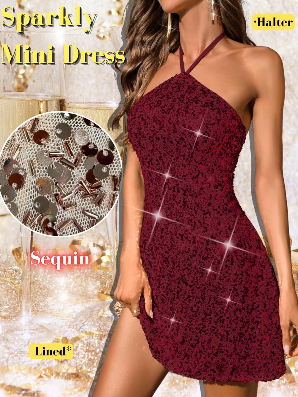 Sequin Mini Dress,Halter Backless Sexy Dresses for Women,Sparkly Outfits Cocktail Birthday Party Nye