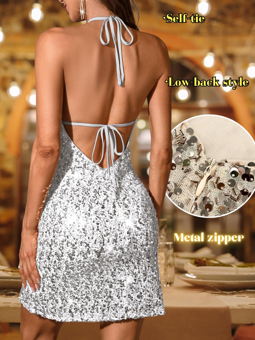 Sequin Mini Dress,Halter Backless Sexy Dresses for Women,Sparkly Outfits Cocktail Birthday Party Nye