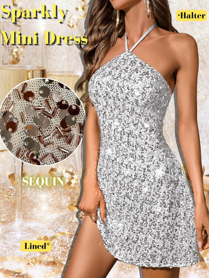 Sequin Mini Dress,Halter Backless Sexy Dresses for Women,Sparkly Outfits Cocktail Birthday Party Nye
