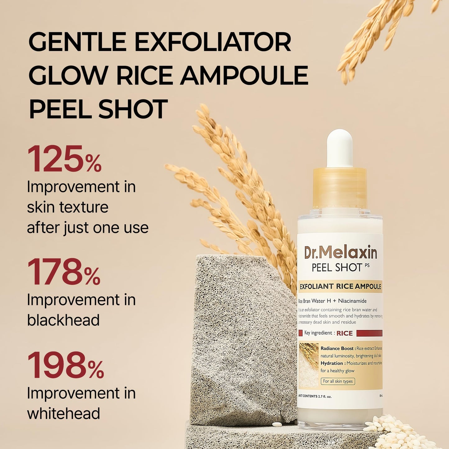 Dr.Melaxin Peel Shot Glow Rice Peeling Ampoule 80ml Daily Soft Exfoliating Face and Body Scrub Dead Skin Cells Blackhead Remover for All Skin Types korean skin care